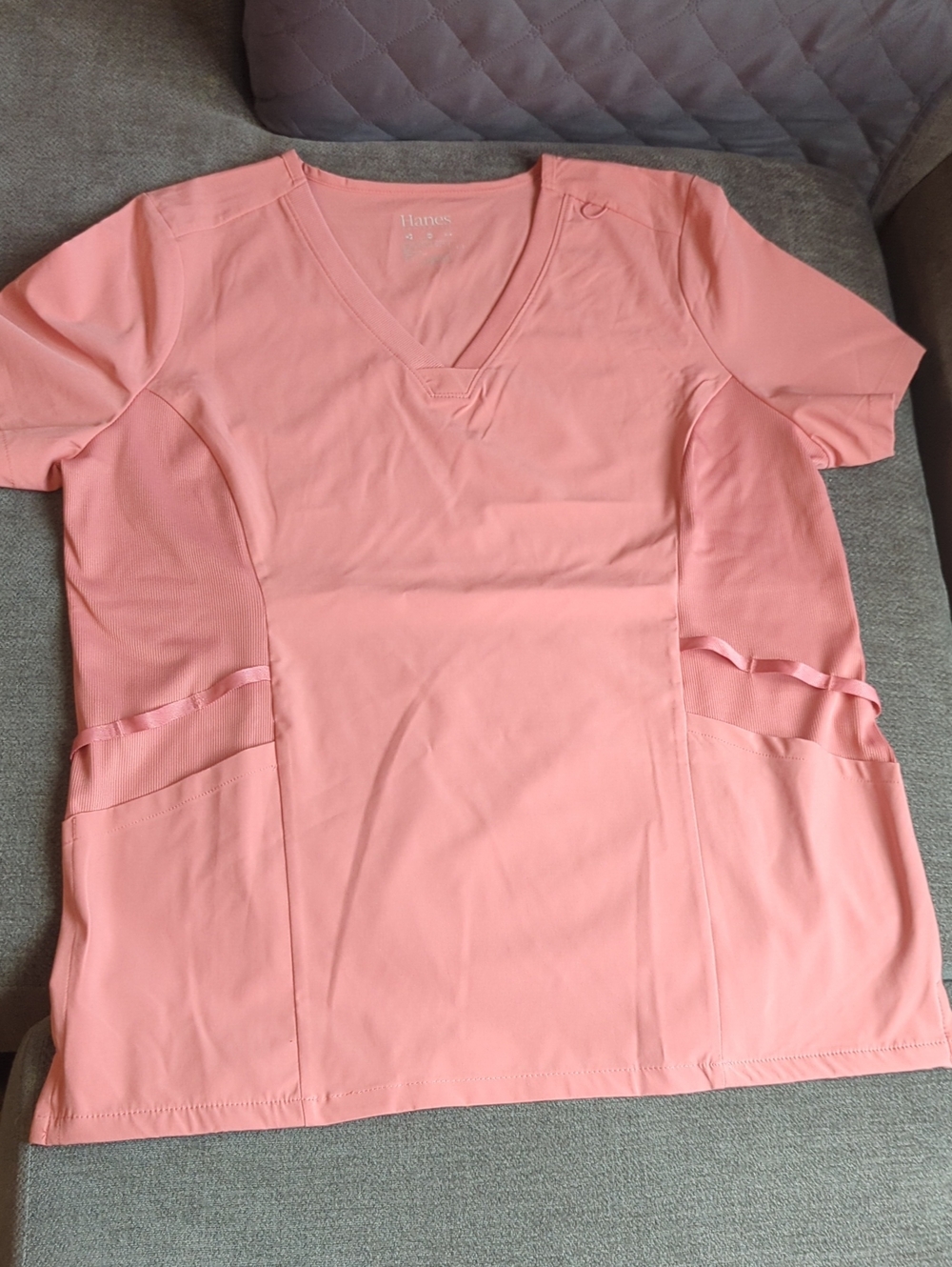 Hanes Women's Short-Sleeve V-Neck Scrubs Top in Coral Pink